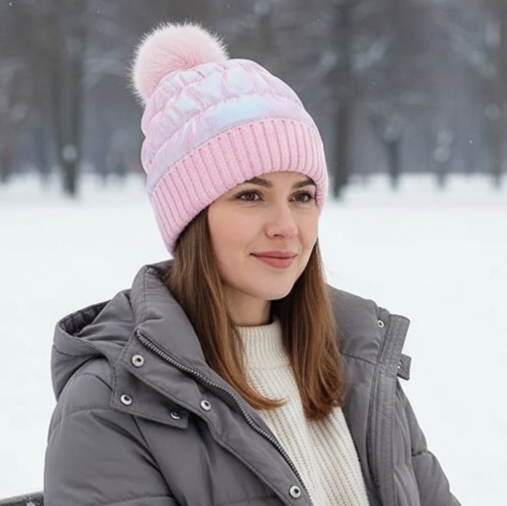 Metallic Puffer Beanie Quilted Thermal Sherpa Winter Hat Faux Fur Pom-pom Cap